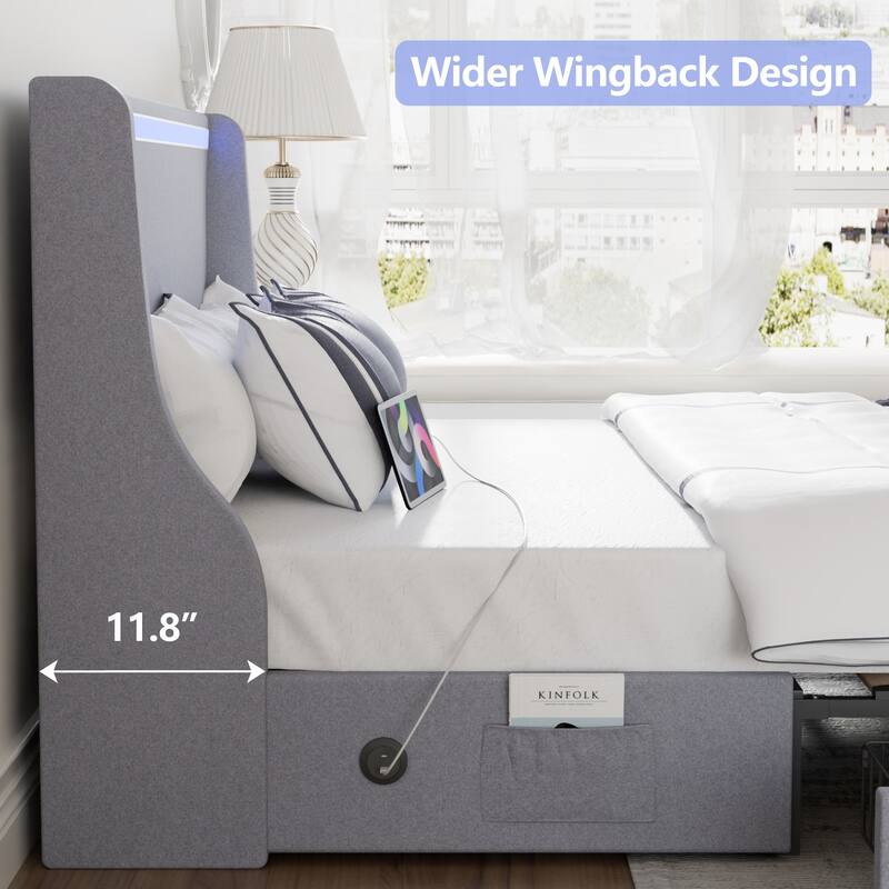 Upholstered LED Bed Frame with 2 Storage Drawers and Wingback Headboard, Linen Fabric Platform Bed with Charing Station