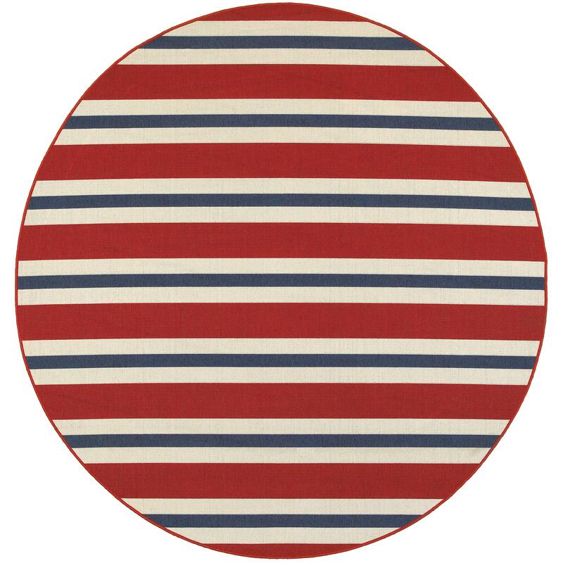 Vista Home Mackinac Horizontal Multi-Striped Area Rug. - 7'10" Round - Brick Red/Blue