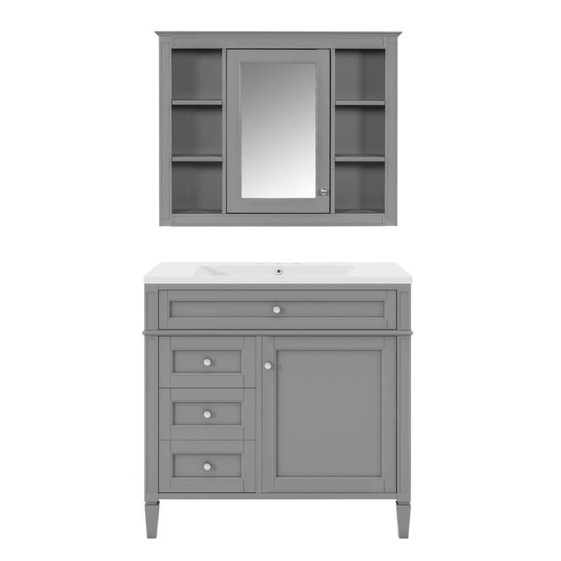 36'' Bathroom Vanity Set with Mirror Cabinet, Modern Bathroom Storage Cabinet with 2 Soft Closing Doors and 4 Drawers