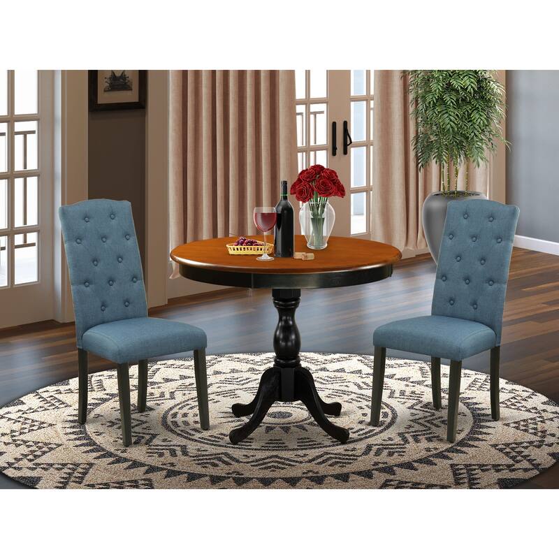 East West Furniture Dinette Set- a Round Kitchen Table and Mineral Blue Linen Fabric Chairs, Black & Cherry (Pieces Options) - AMCE3-BCH-21