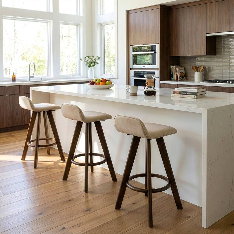 Set of 2 Asta Dark Brown Rubberwood Counter Stool with Low Back Fabric Seat