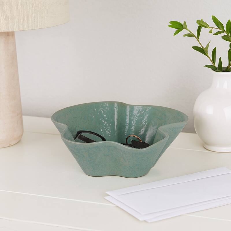 Decorative Ceramic Abstract Wavy Edged Bowl - 13", Green - 13.0" - Green - 13.0"