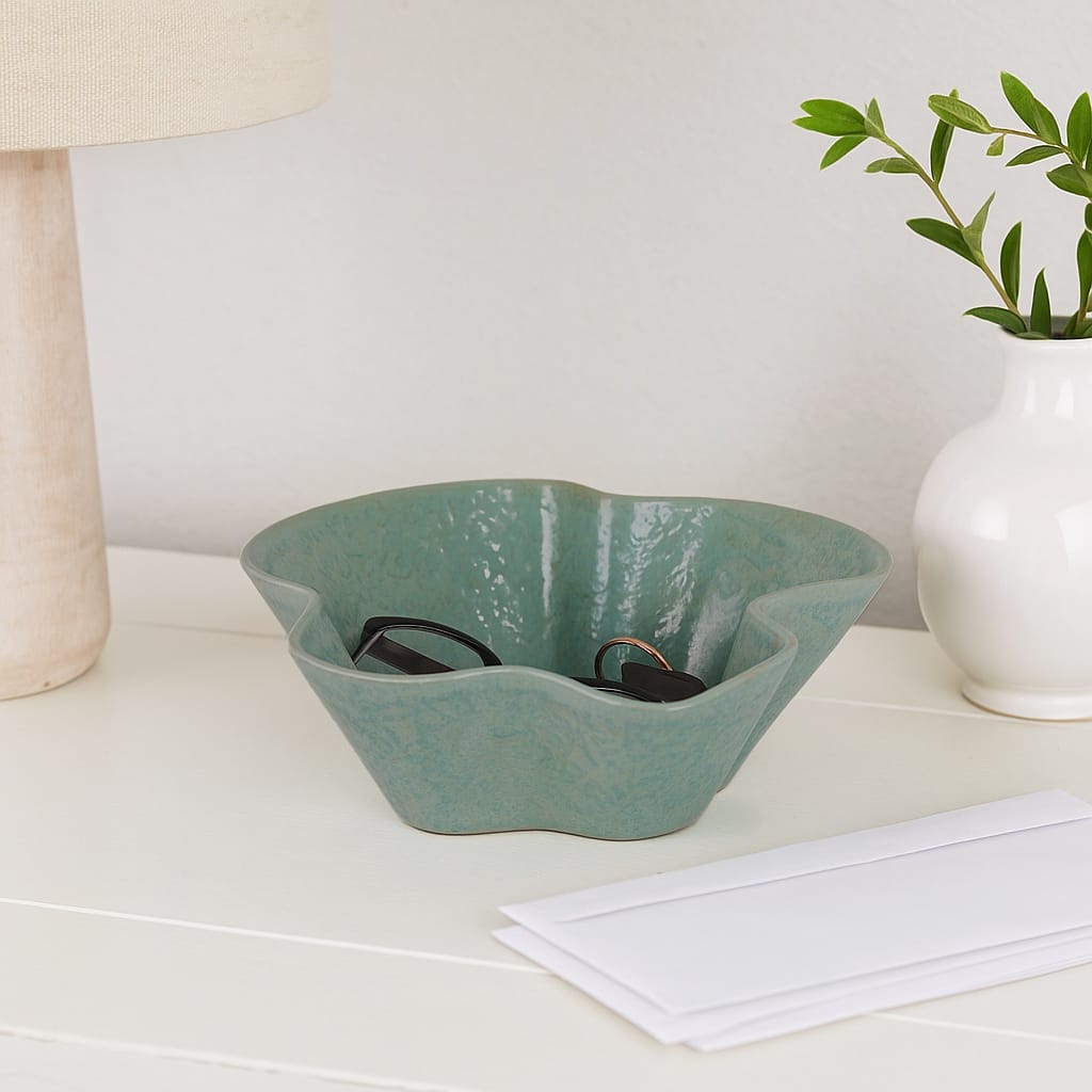Decorative Ceramic Abstract Wavy Edged Bowl - 13", Green - 13.0"