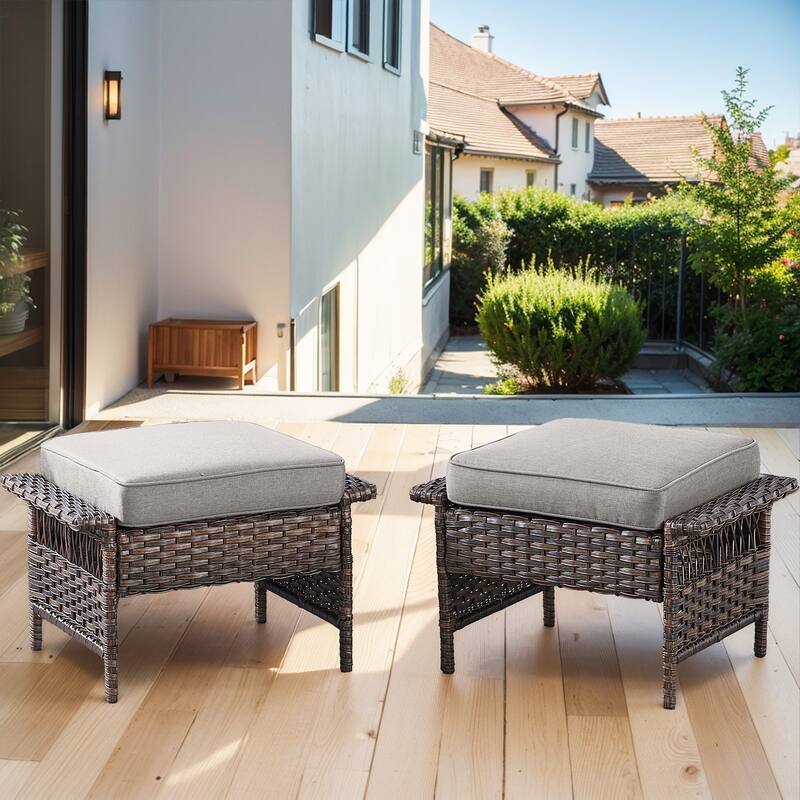 Gymojoy Outdoor Wicker Patio Ottomans Set - 2 Pieces Rattan Footrests - 2-Piece - Grey