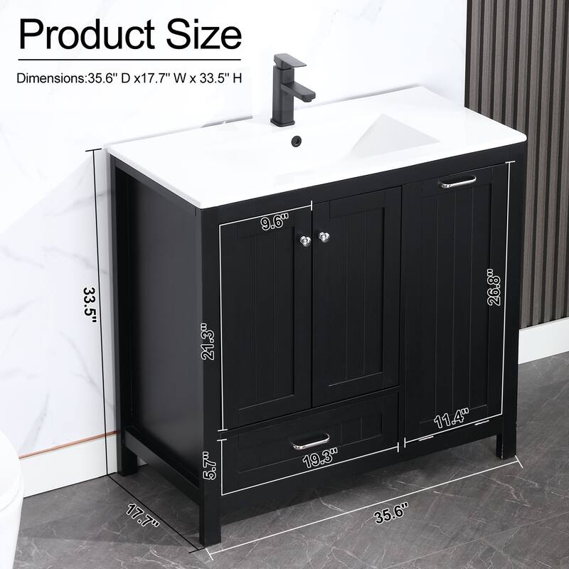 36" Bathroom Vanity Sink Combo with Laundry Hamper Ceramic Sink Storage Cabinet