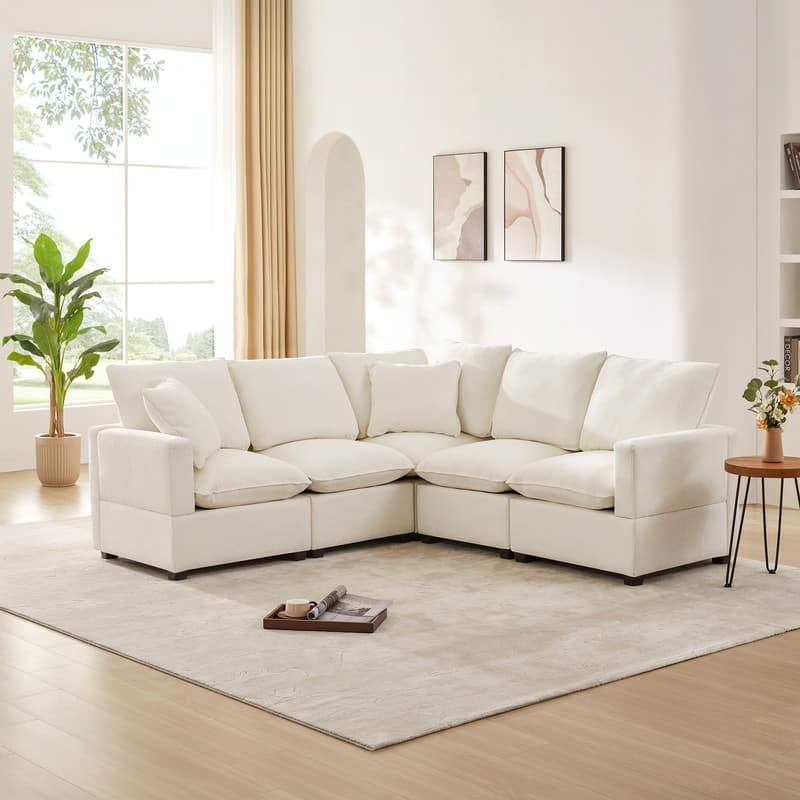 Modern Chenille Multi-Seat Sectional Sofa - 5 Seat - White