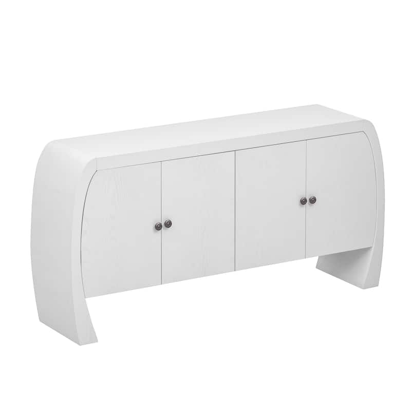 58.6" MDF Vintage 4-DoorConsole Tables - Ash Veneer with Antique Brass Handles & Curved Arc Legs
