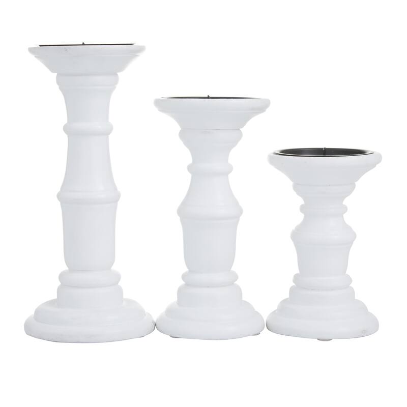 Gold, Black or White Mango Wood Turned Style Pillar Decorative Candle Holder (Set of 3)