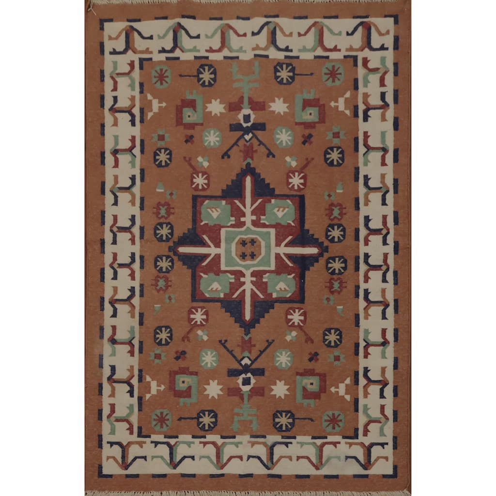 Hand Woven Oriental 100% Wool Carpet Southwestern Geometric Oranges & Rust Kilim Area Rug - 5' 8'' X 3' 9''