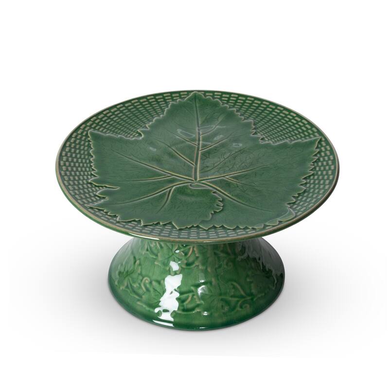 Green Ceramic Cake Stand with Ornate Grape Leaf Design and Woven Basket Pattern - Large