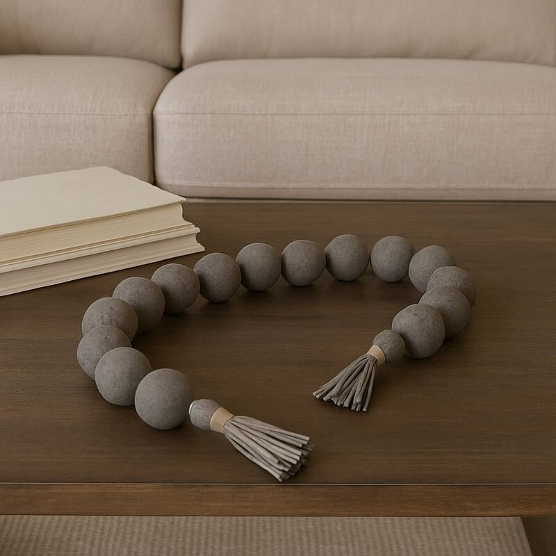 Ecomix Bead Strand with Leather Tassels and Chiseled Texture Detailing - 53" x 3" x 3" - Ivory