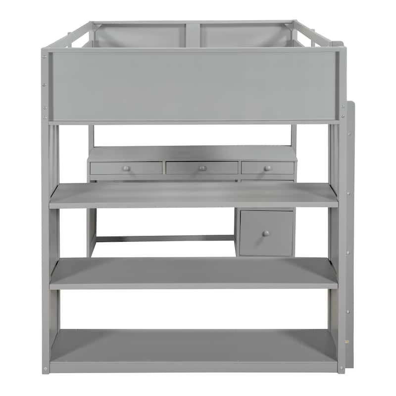Full Size Loft Bed with Desk, Shelves and Drawers, Space-Saving Multi-Functional Bed Frame with Guardrails and Ladder