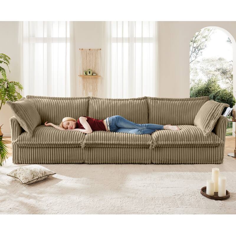 120" Corduroy Upholstered Sectional Sofa Couch with Multiple Pillows - Camel