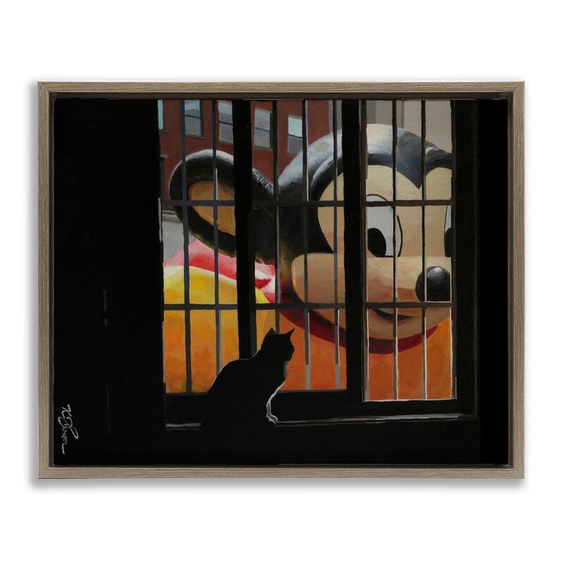 Stupell Mouse Character Peering at Cat Framed Floater Canvas Wall Art Design By Keith Thomson - 21 x 17 - Brown