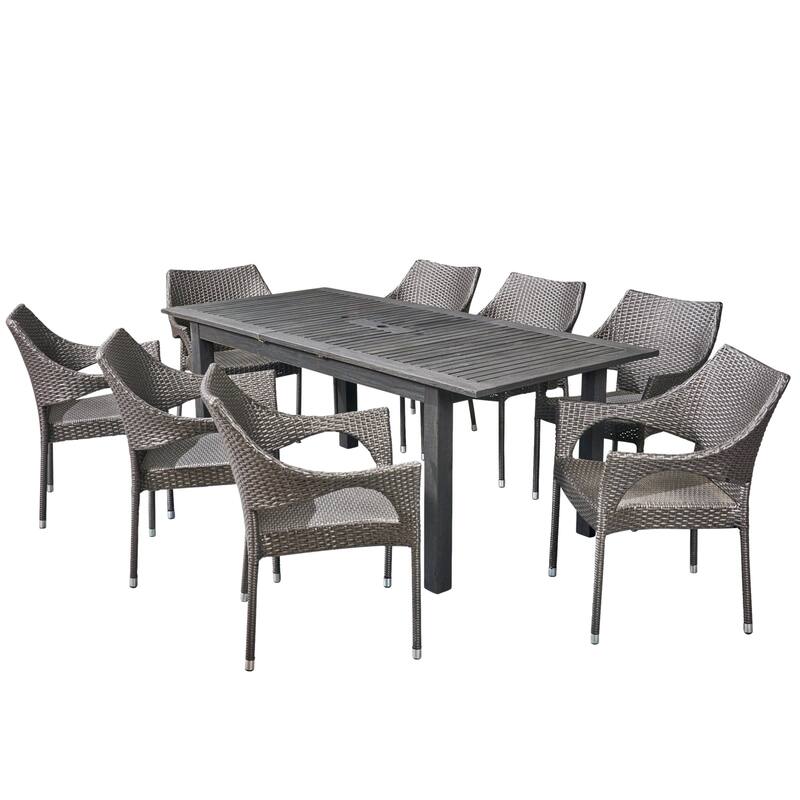 Damon Outdoor 9 Piece Wood and Wicker Expandable Dining Set by Christopher Knight Home