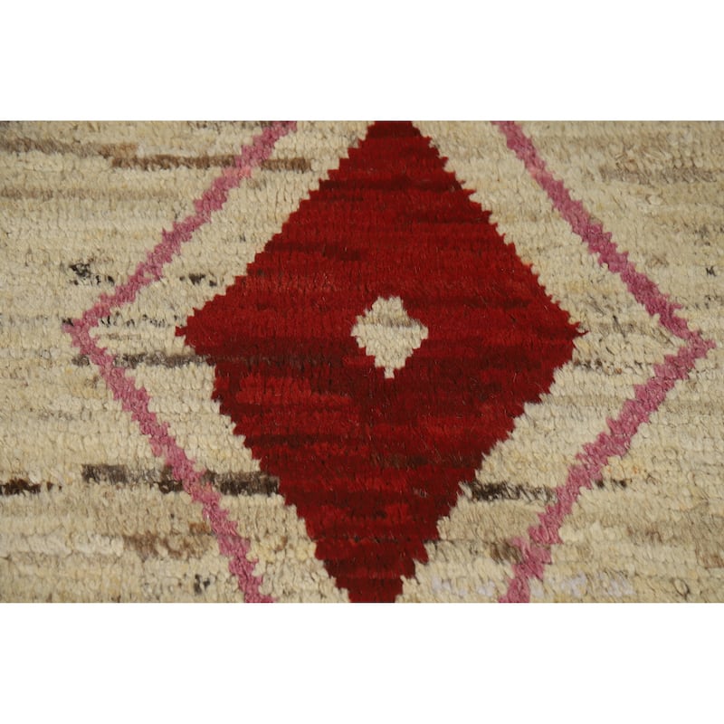 Geometric Moroccan Oriental Area Rug Handmade Beige Wool Carpet - 6'11" x 9'4"