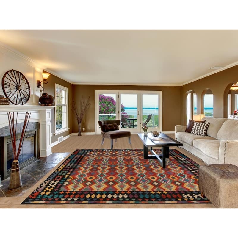 All-Over Geometric Kilim Area Rug Hand-Woven Wool Carpet - 8'11"x 11'5"
