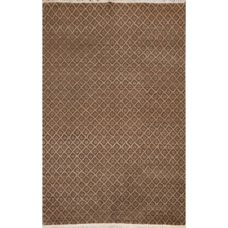 Vegetable Dye Trellis Nepalese Oriental Area Rug Handmade Wool Carpet - 6'1" x 9'0"