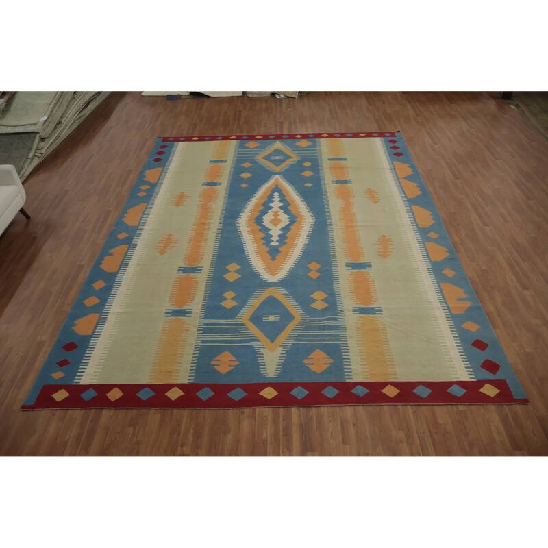 Hand Woven Oriental 100% Wool Carpet Southwestern Tribal Navy Blue & Blues Kilim Area Rug - 15' 3'' X 11' 9''