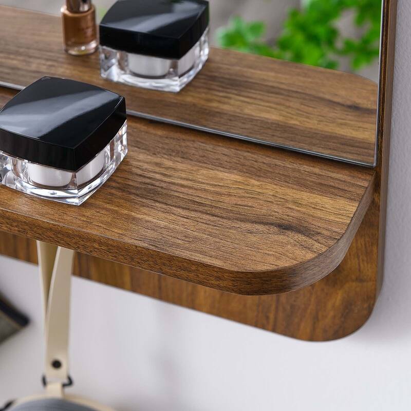 Hollow Modern Walnut Wall Mirror with Shelf and Hooks