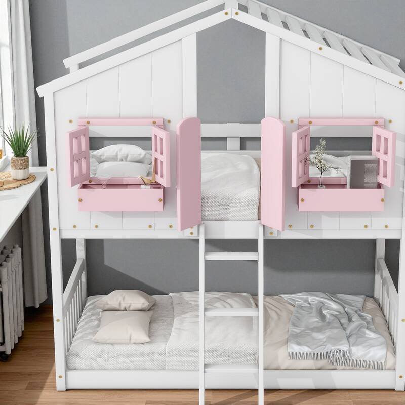 Twin Over Twin Wooden House Bunk Bed with Roof, Windows, Door, and Ladder, Kids Playhouse Bed with Guardrails
