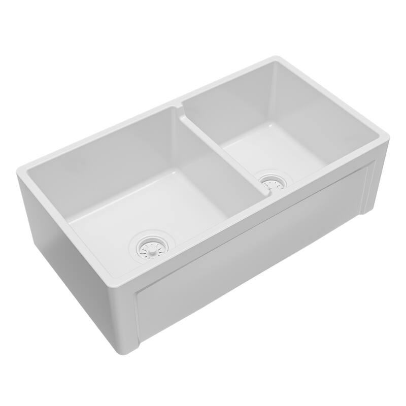 Karran 33" Double Bowl Panel Front Farmhouse Fireclay Kitchen Sink with Reversible Apron Front
