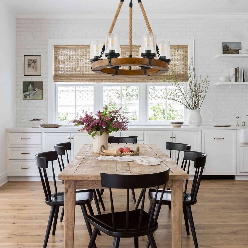 Wood Wagon Wheel Chandelier Farmhouse 6 Light with Seeded Glass Shade - 21.6inch