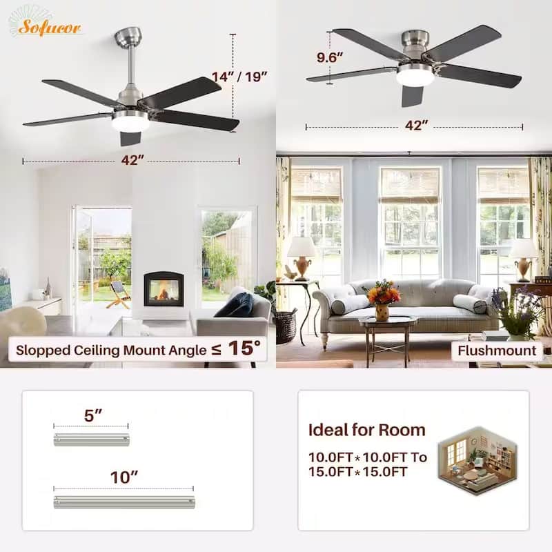 42" Plywood Blades Ceiling Fan with LED light and Remote, Flush Mount and Downrod Mount
