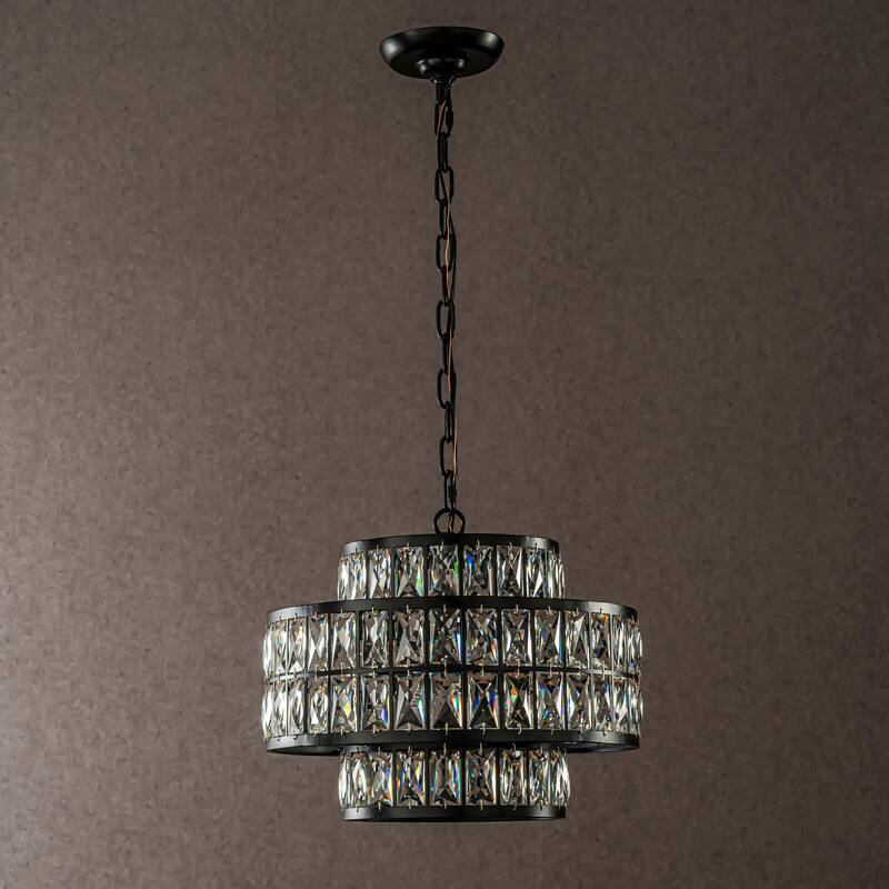 CraftHome Modern Crystal Chandelier Matte Black Finish Drum Pendant Light for Small Spaces Dining Room Entryway - W16''