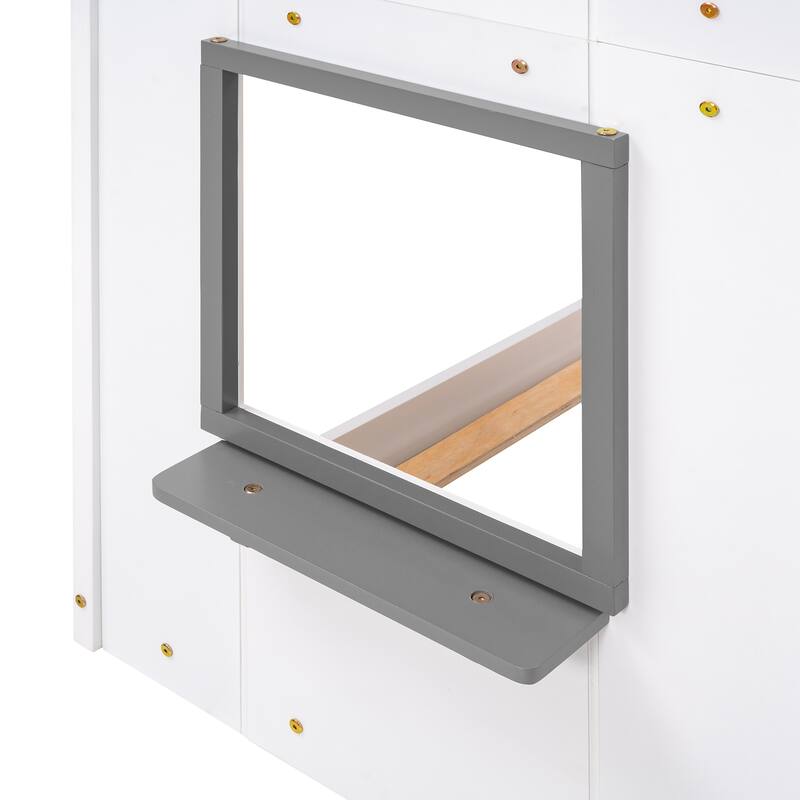 White Twin Over Twin Playhouse Bunk Bed with Roof, Window, Ladder & Guardrail - Space Saving Kids Bed