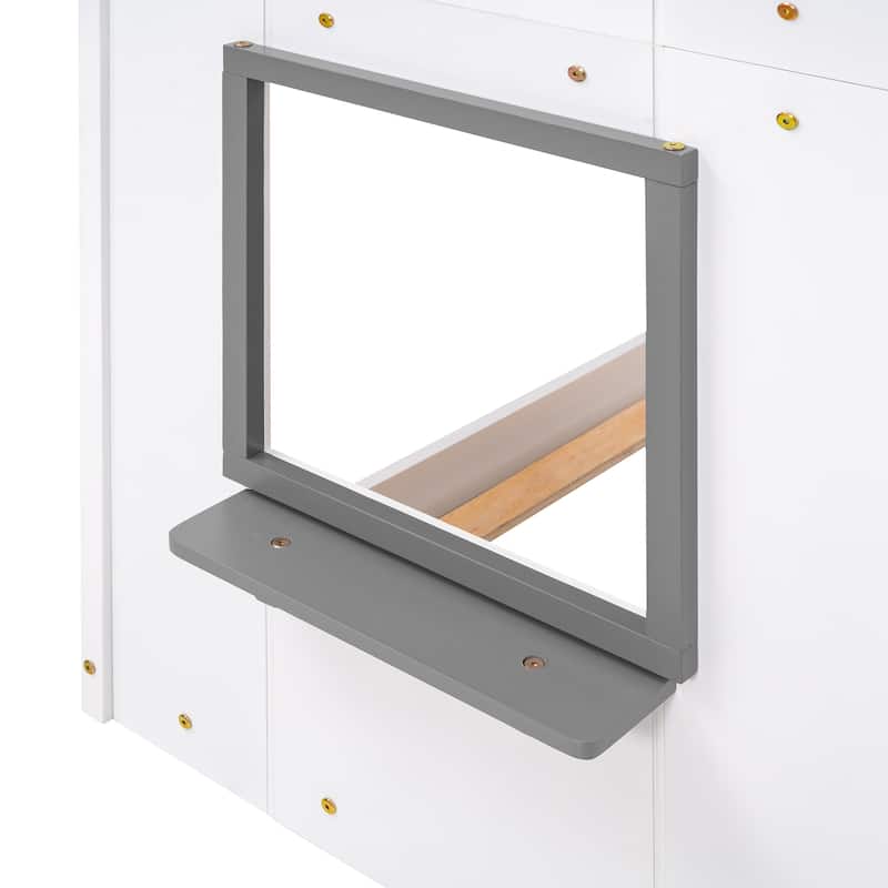 White Twin over Twin Solid Wood Bunk Bed with Roof, Window, Guardrail, and Ladder
