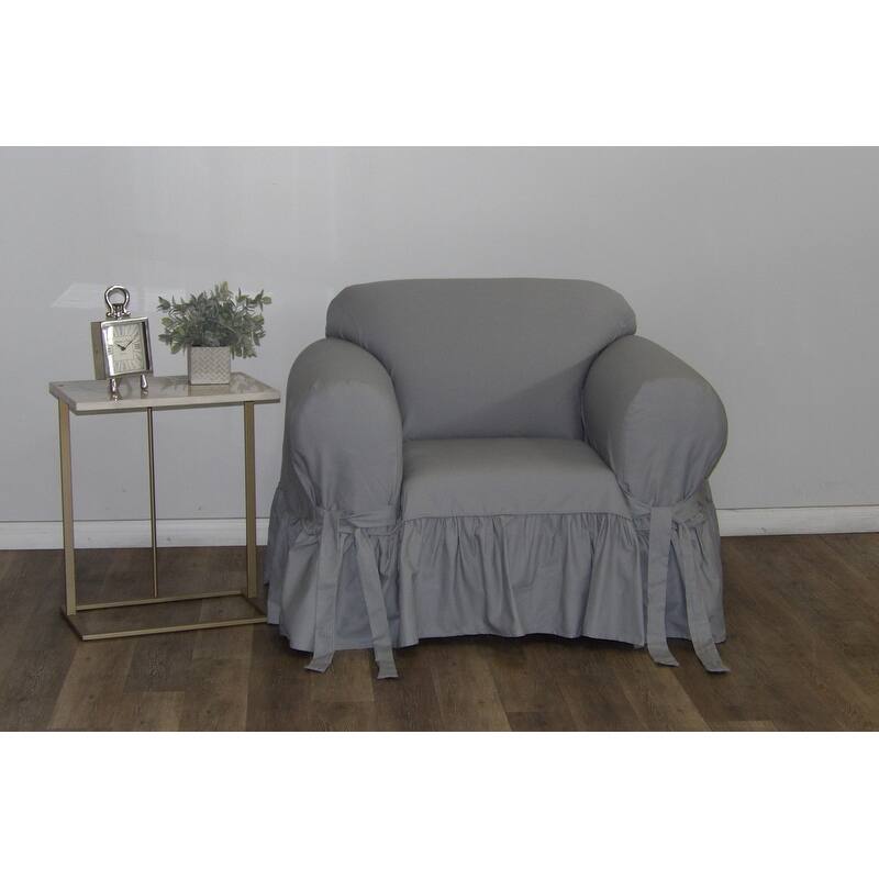 Ruffled Cotton Arm Chair Slipcover - Grey