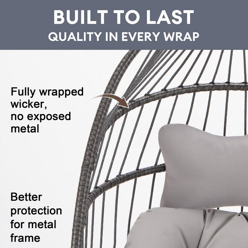 Oversized Wicker Hanging Egg Chair with Stand, Outdoor Indoor Swing Chair with Cushion, 350 lb Capacity