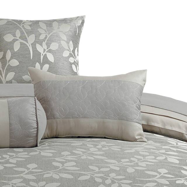 Queen Size 7 Piece Fabric Comforter Set with Leaf Prints, Gray