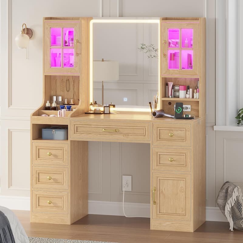 Vanity Desk Touch Screen Mirror Cabinets 6 Drawers 5 Jewelry Hooks