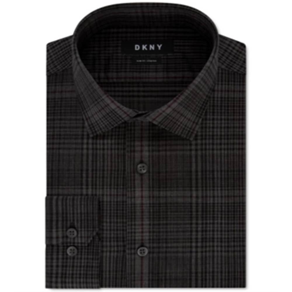 DKNY Men's Plaid Printed Slim Fit Stretch Dress Shirt Black Size 14.5X32X33  - 14.5X32-33 - Bed Bath & Beyond - 40642247
