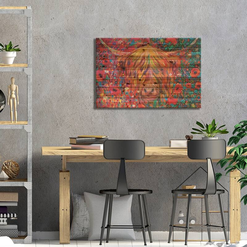 Poppy Cow Print On Wood by Sue Gardner - Multi-Color