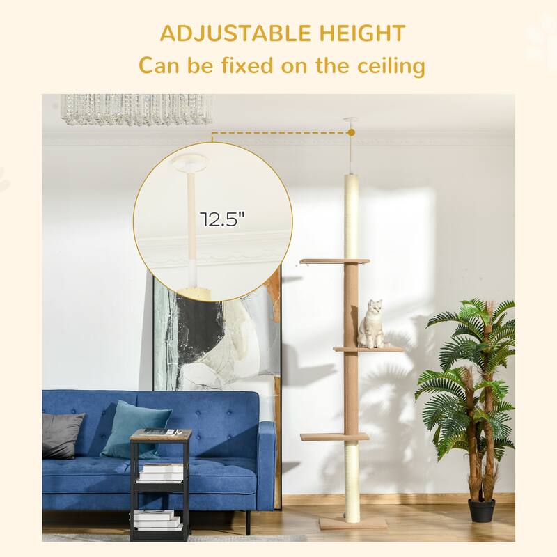 PawHut 89"-102" Floor to Ceiling Cat Tree Cat Climbing Tower, Light brown