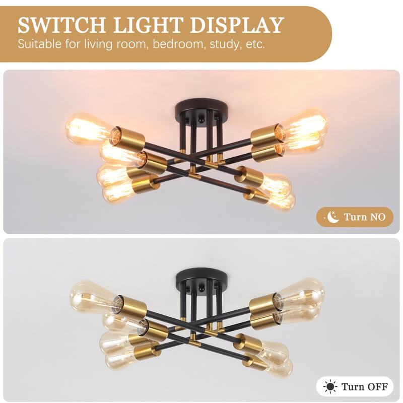 8-Light Industrial Semi Flush Mount Ceiling Light for Kitchen Dining Room Living Room - Black+Gold - N/A