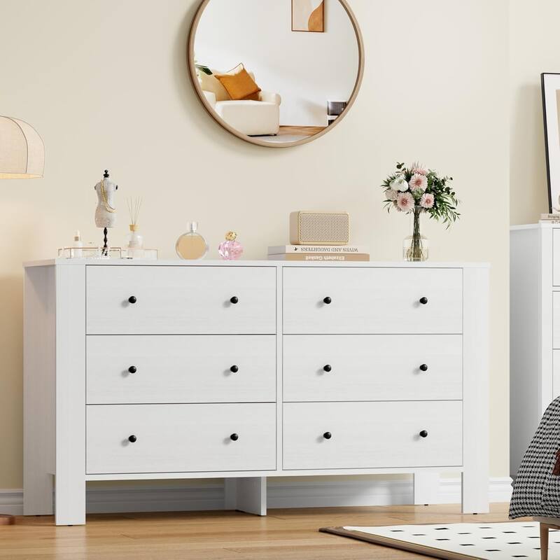 6 Drawer Dresser for Bedroom, Wide White Chest with Deep Drawers and Metal Knobs, Modern Storage for Hallway, Kids Room - White
