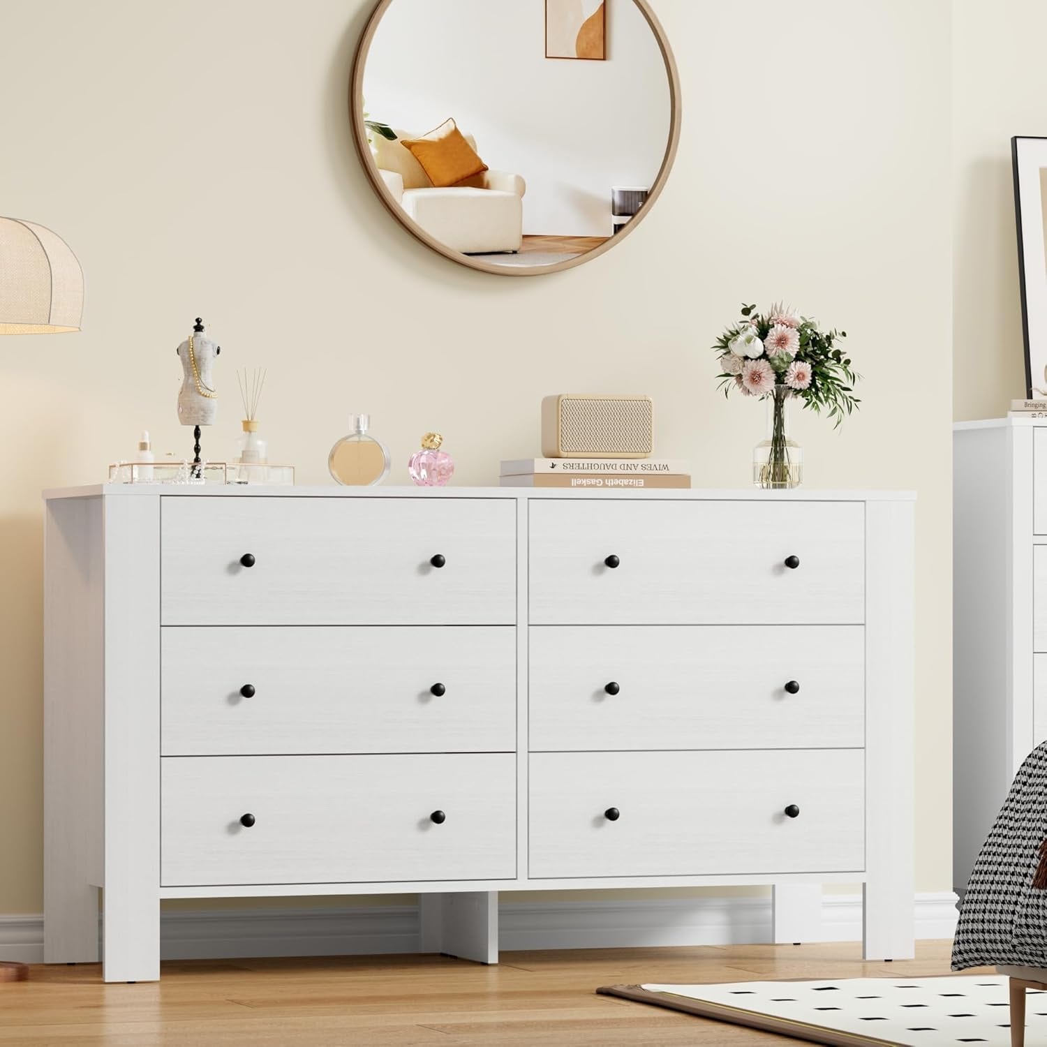 6-Drawer White Modern Dresser, Large Chest, Deep Drawers, Metal Knobs, Double Storage for Kids Bedroom, Entryway, Hallway