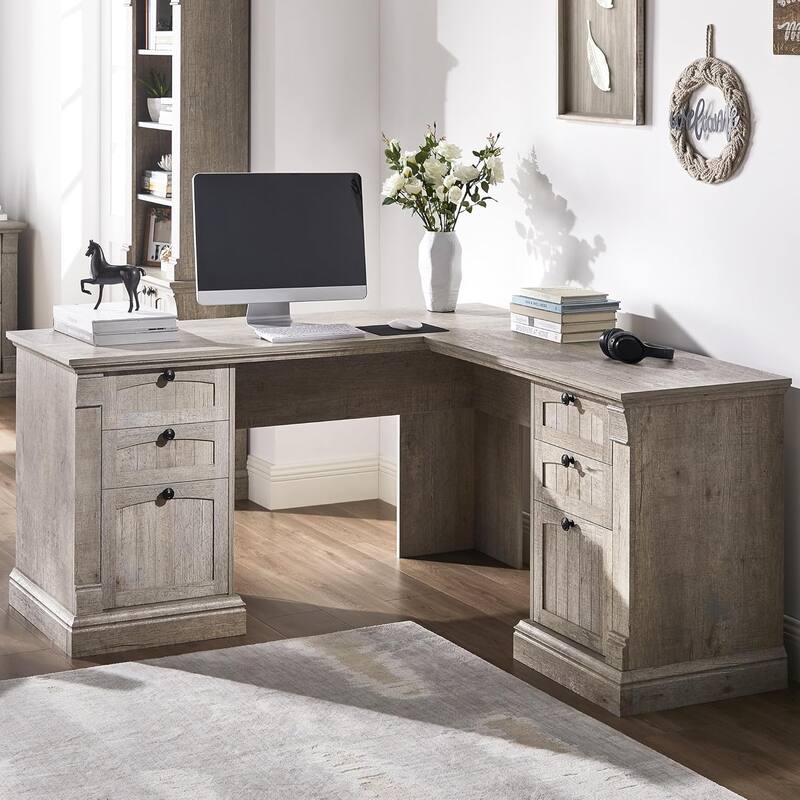 Farmhouse Computer Desk, Wood Home Office Desk with Charging Station - Light Rustic Oak