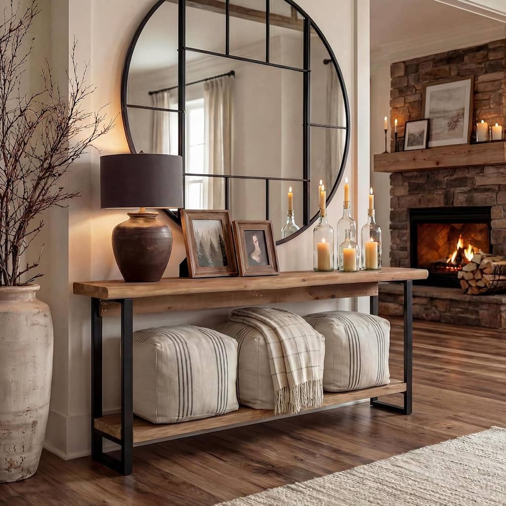 63 Inches Wood Console Table for Entryway, Farmhouse Long Sofa Table with Unique Shape for Foyer, Entrance, Living Room