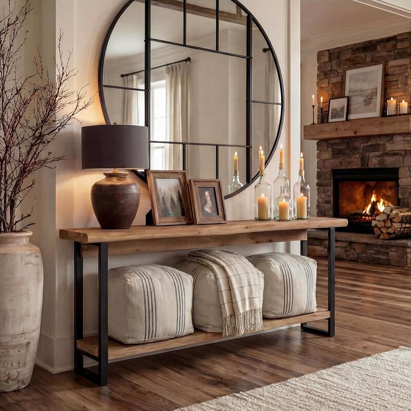 Solid Wood Live-Edge Console Table, Farmhouse 63-Inch Narrow Long Sofa Table - Wood - Brown