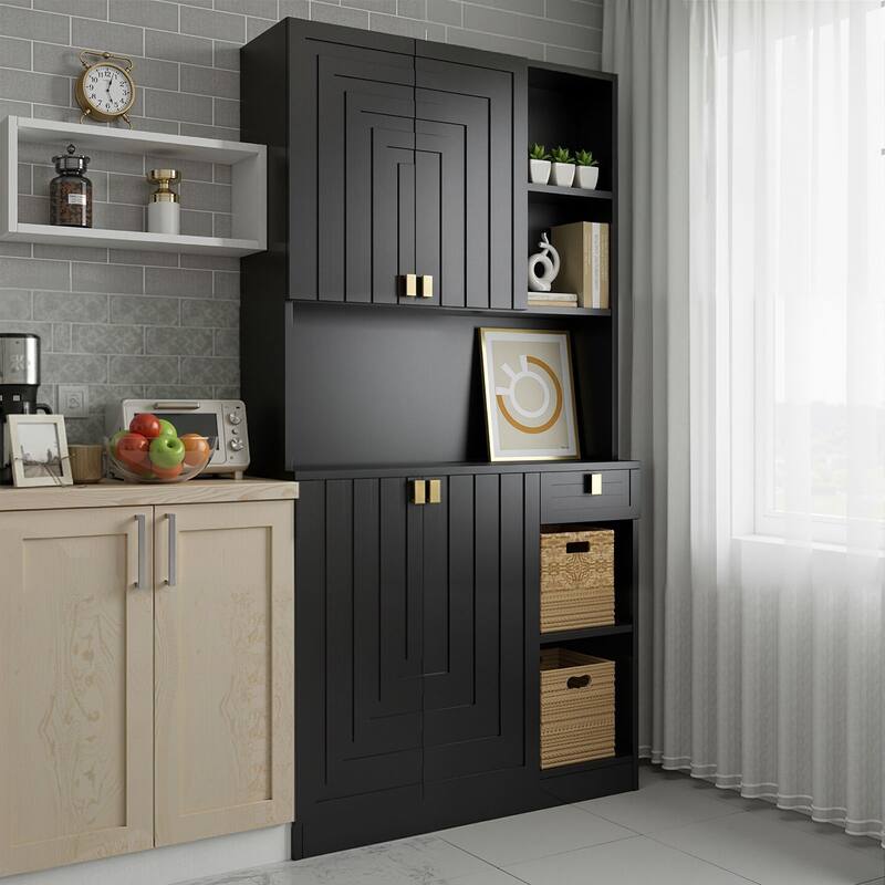 Gymojoy 71" Kitchen Pantry Cabinet with Power Outlet, Adjustable Shelves, Microwave Stand for Kitchen & Dining Room Storage - Black
