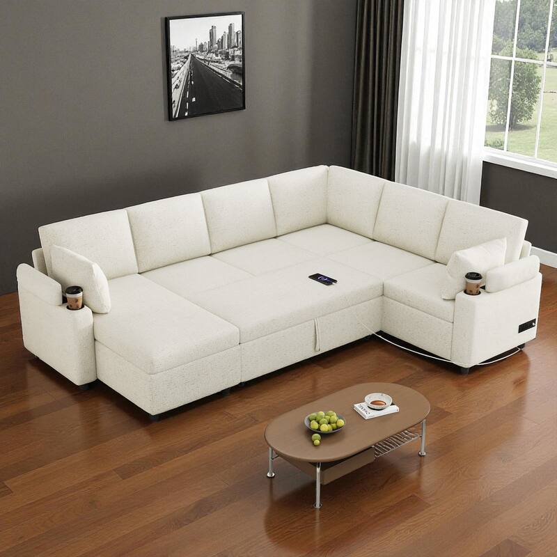 109.9" U-Shaped Convertible Sectional Sofa Bed with Storage Chaise Cup Holders Power Outlets USB Ports Chenille Couch - Beige