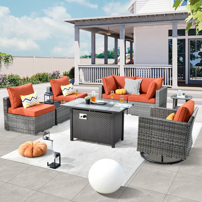 HOOOWOOO 8-piece Wicker Patio Furniture Sectional Set with Fire Pit Table