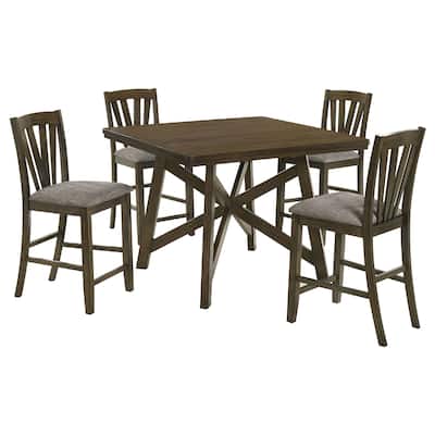 Kana 5pc Counter Height Table Set, Brown Wood, 4 Gray Fabric Chairs