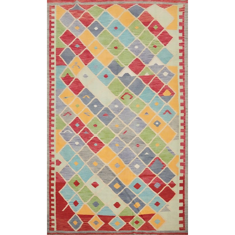 Hand Woven Oriental 100% Wool Carpet Southwestern All-Over Multi-Colored Kilim Area Rug - 9' 11'' X 6' 7''