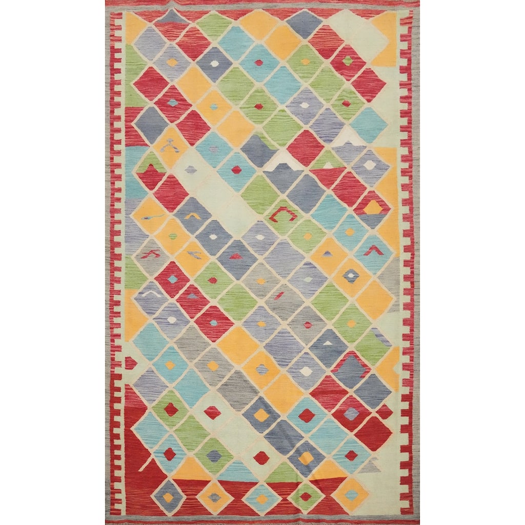 Hand Woven Oriental 100% Wool Carpet Southwestern All-Over Multi-Colored Kilim Area Rug - 9' 11'' X 6' 7''